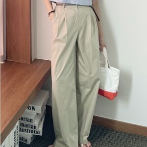 Beige Pleated Wide Leg Trousers